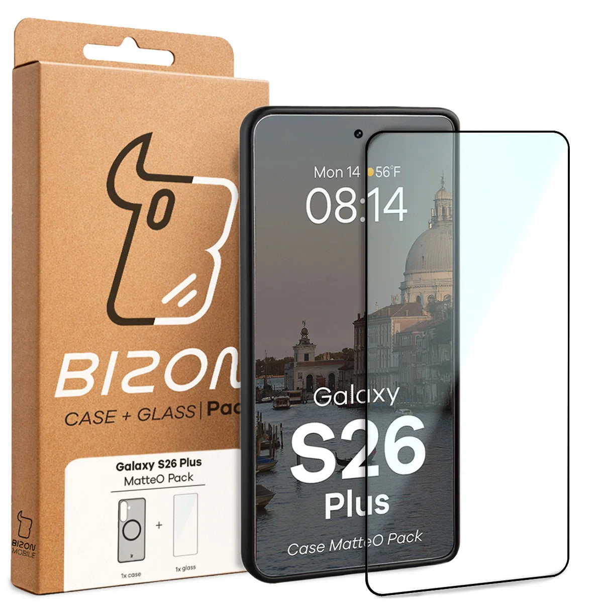 Schutzhülle mit Magnetring + gehärtetem Glas für Galaxy S26 Plus, Bizon MatteO Pack, Getönt-Schwarz