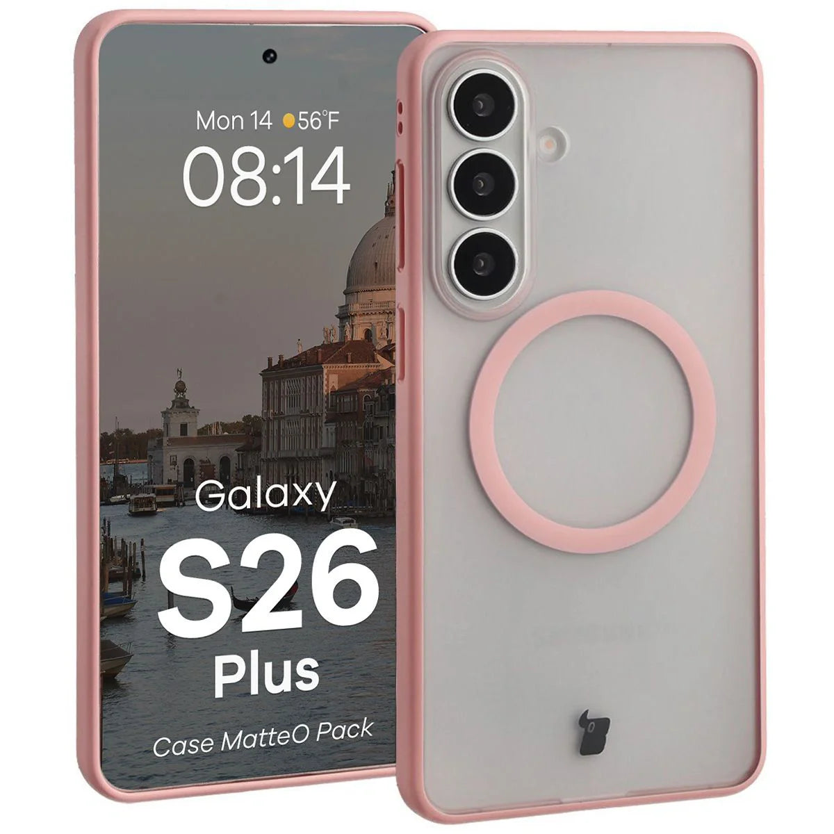 Schutzhülle mit Magnetring + gehärtetem Glas für Galaxy S26 Plus, Bizon MatteO Pack, Getönt-Hellrosa