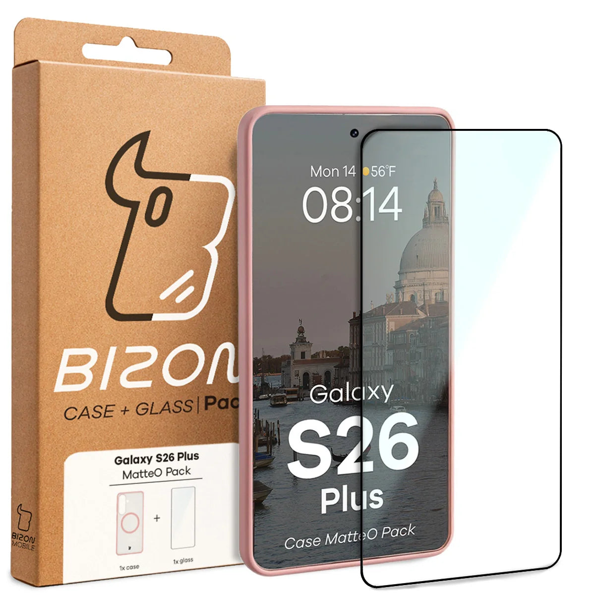 Schutzhülle mit Magnetring + gehärtetem Glas für Galaxy S26 Plus, Bizon MatteO Pack, Getönt-Hellrosa
