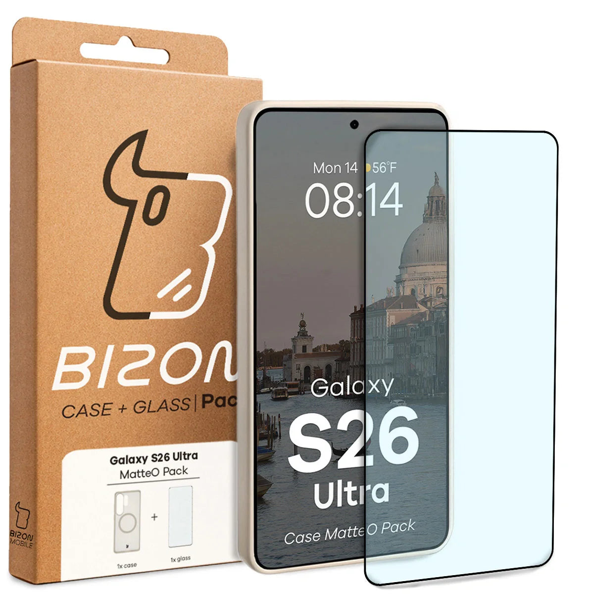Schutzhülle mit Magnetring + gehärtetem Glas für Galaxy S26 Ultra, Bizon MatteO Pack, Getönt-Schwarz