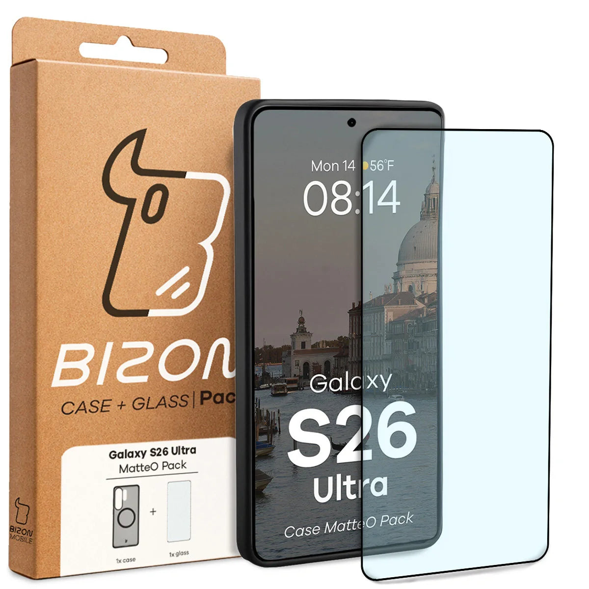 Schutzhülle mit Magnetring + gehärtetem Glas für Galaxy S26 Ultra, Bizon MatteO Pack, Getönt-Beige