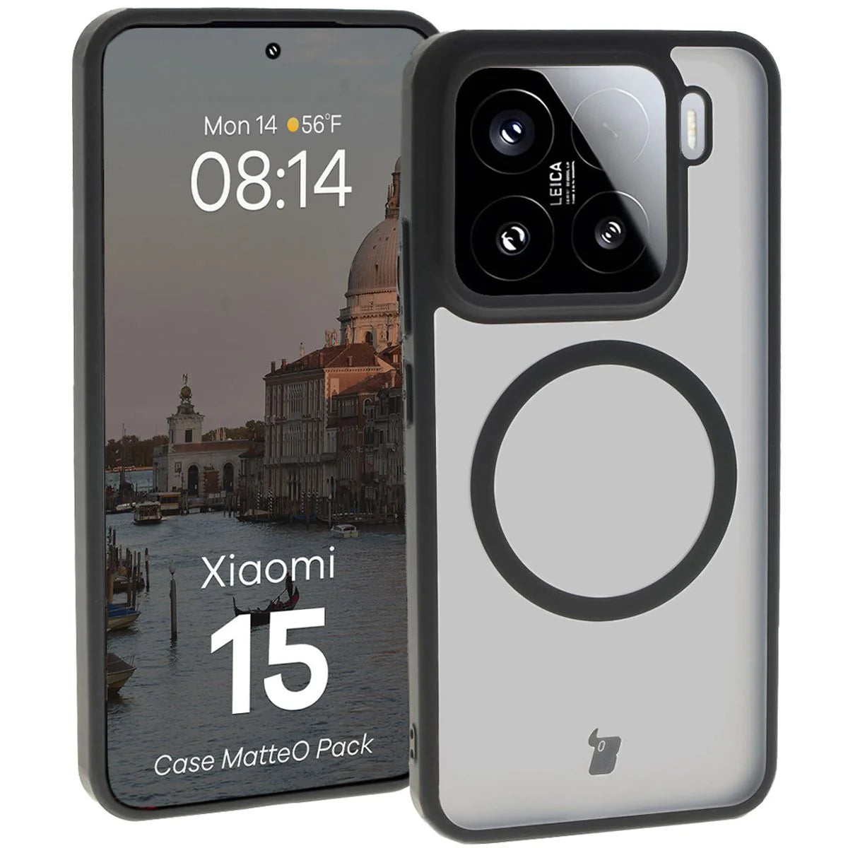 Schutzhülle mit Magnetring + gehärtetem Glas für Xiaomi 15, Bizon MatteO Pack, Getönt-Schwarz