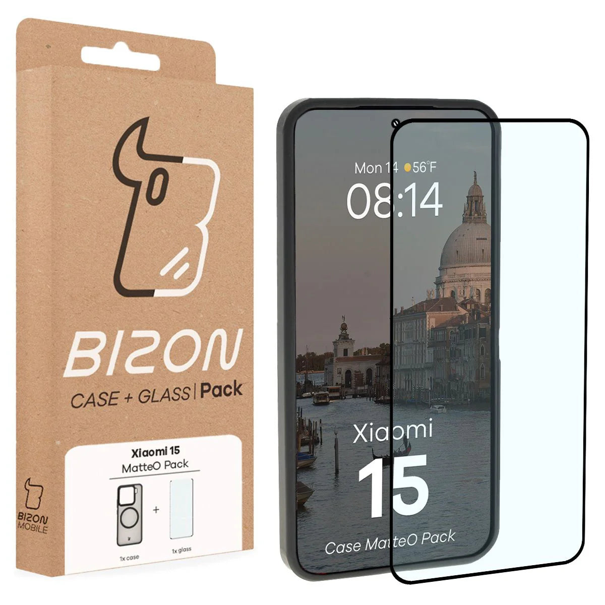 Schutzhülle mit Magnetring + gehärtetem Glas für Xiaomi 15, Bizon MatteO Pack, Getönt-Schwarz
