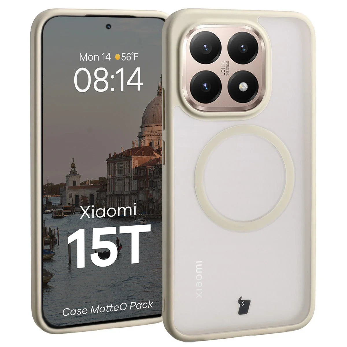 Schutzhülle mit Magnetring + gehärtetem Glas für Xiaomi 15T, Bizon MatteO Pack, Getönt-Beige