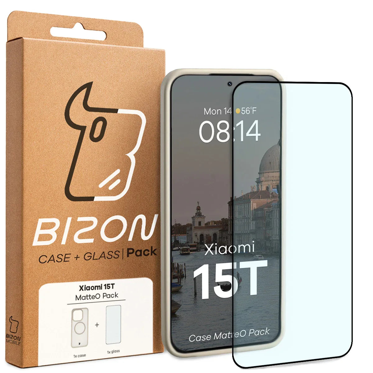 Schutzhülle mit Magnetring + gehärtetem Glas für Xiaomi 15T, Bizon MatteO Pack, Getönt-Beige