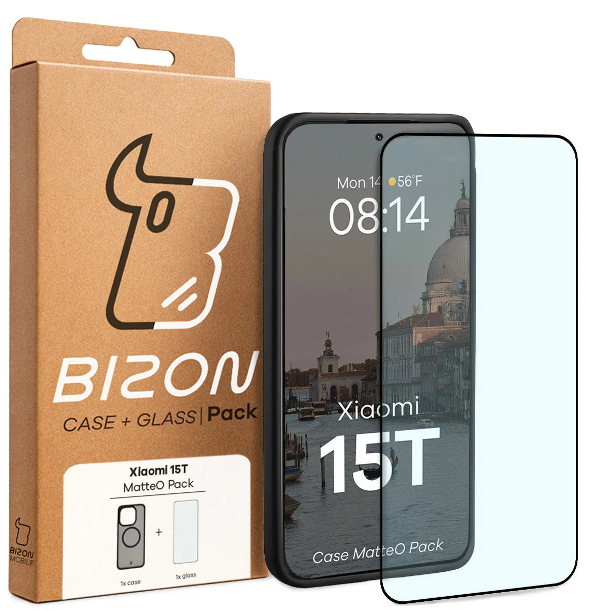 Schutzhülle mit Magnetring + gehärtetem Glas für Xiaomi 15T, Bizon MatteO Pack, Getönt-Schwarz