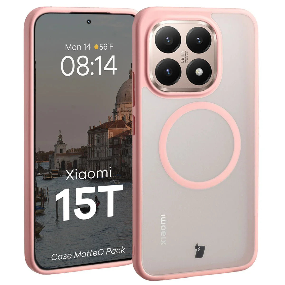 Schutzhülle mit Magnetring + gehärtetem Glas für Xiaomi 15T, Bizon MatteO Pack, Getönt-Hellrosa