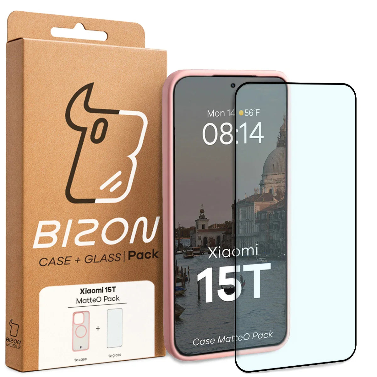 Schutzhülle mit Magnetring + gehärtetem Glas für Xiaomi 15T, Bizon MatteO Pack, Getönt-Hellrosa