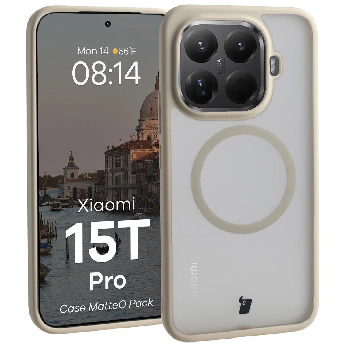 Schutzhülle mit Magnetring + gehärtetem Glas für Xiaomi 15T Pro, Bizon MatteO Pack, Getönt-Beige