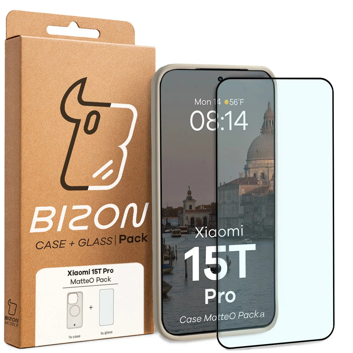 Schutzhülle mit Magnetring + gehärtetem Glas für Xiaomi 15T Pro, Bizon MatteO Pack, Getönt-Beige
