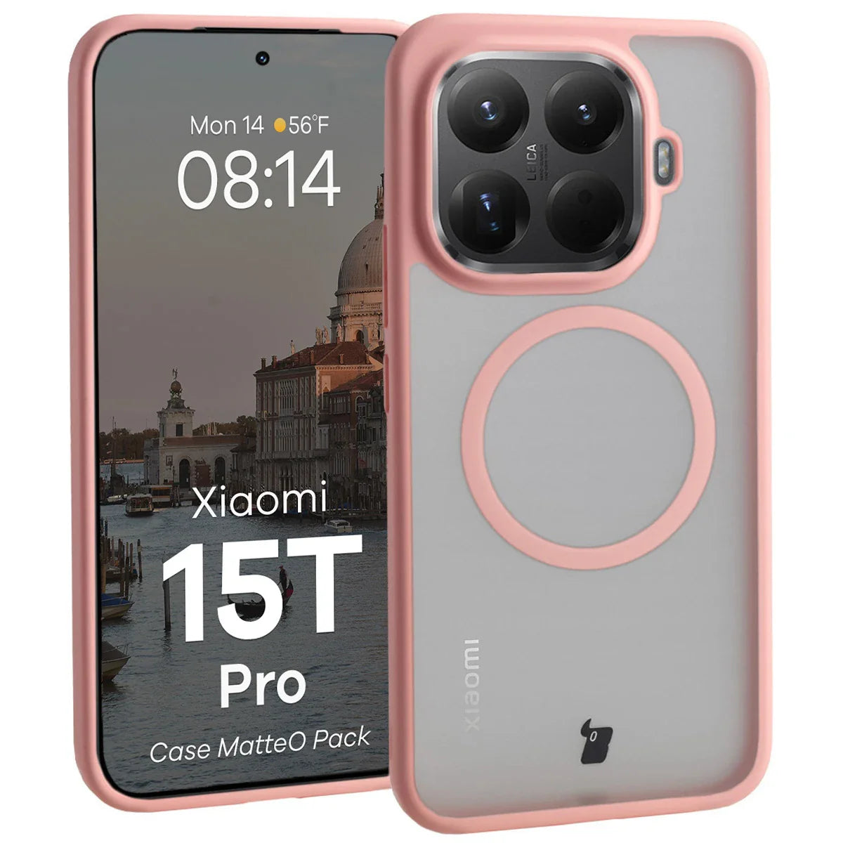 Schutzhülle mit Magnetring + gehärtetem Glas für Xiaomi 15T Pro, Bizon MatteO Pack, Getönt-Hellrosa