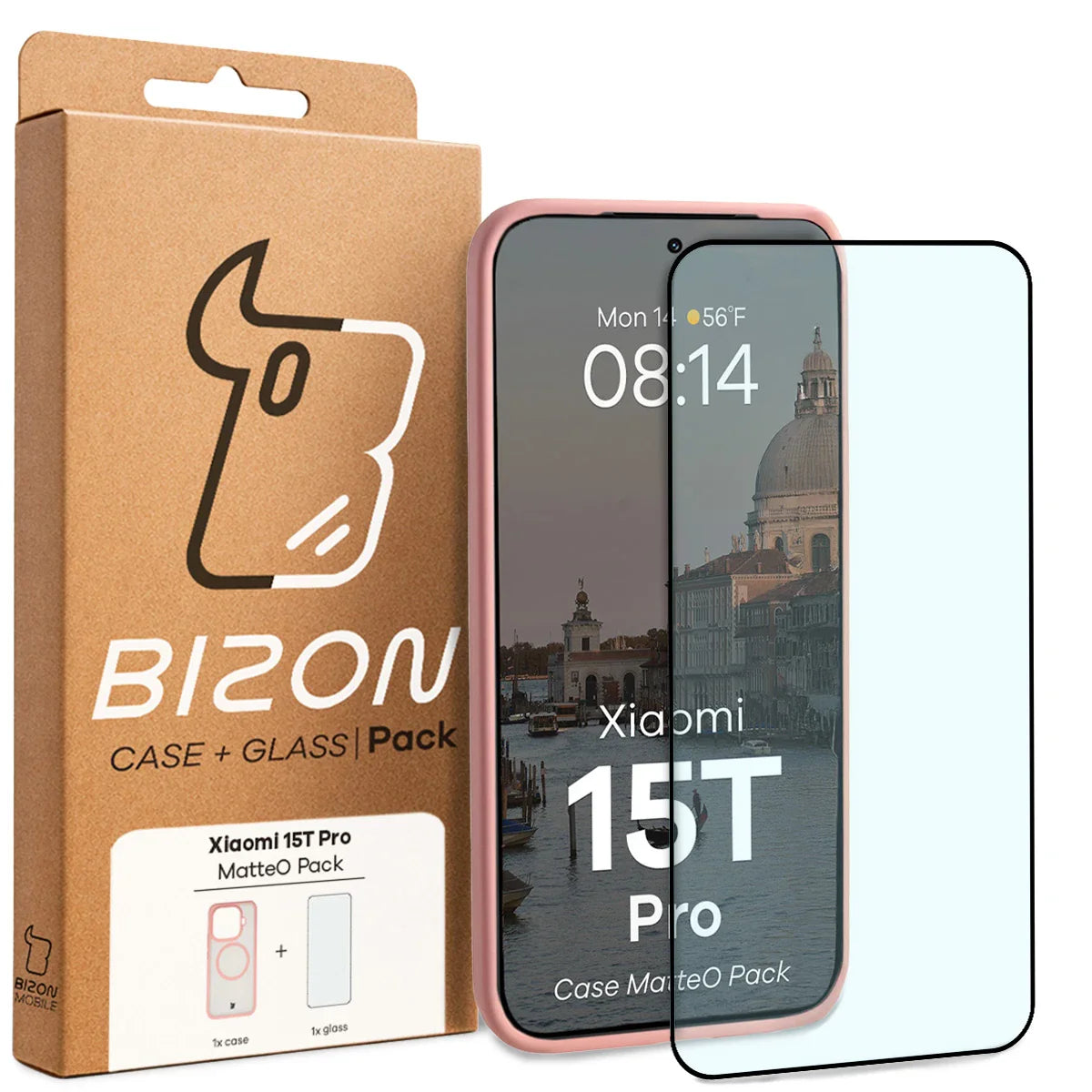 Schutzhülle mit Magnetring + gehärtetem Glas für Xiaomi 15T Pro, Bizon MatteO Pack, Getönt-Hellrosa