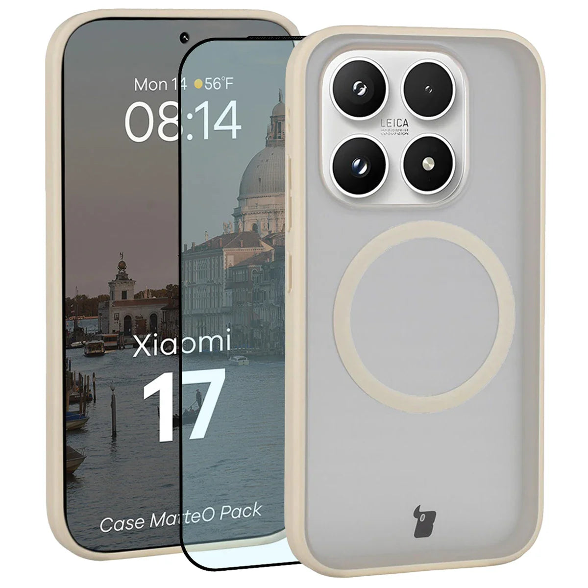 Schutzhülle mit Magnetring + gehärtetem Glas für Xiaomi 17, Bizon MatteO Pack, Getönt-Beige