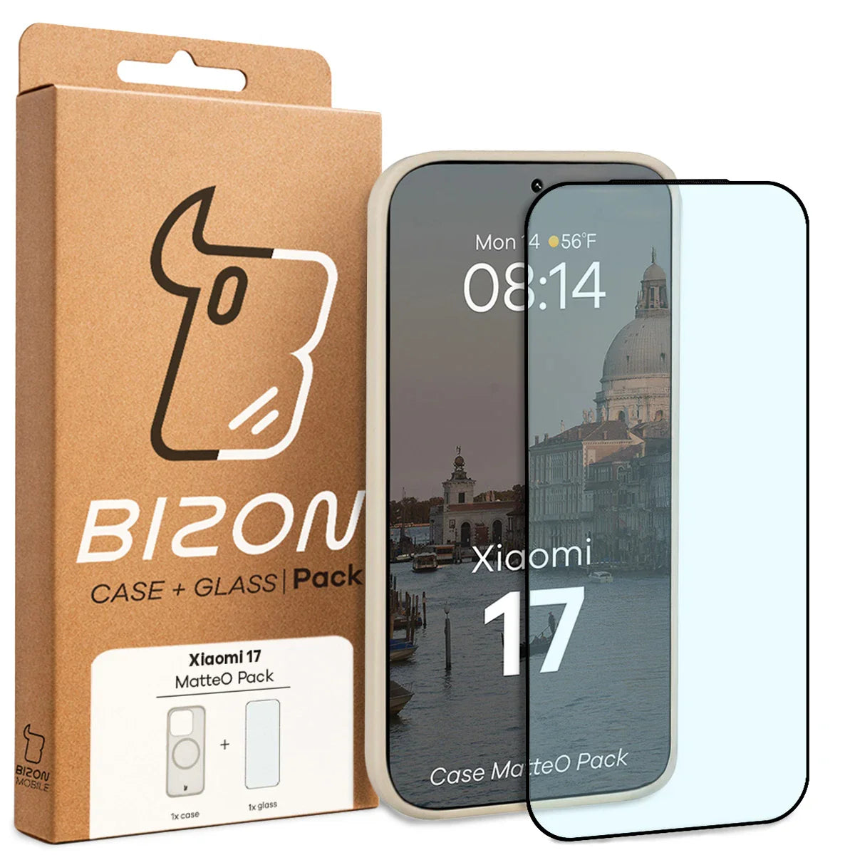 Schutzhülle mit Magnetring + gehärtetem Glas für Xiaomi 17, Bizon MatteO Pack, Getönt-Beige