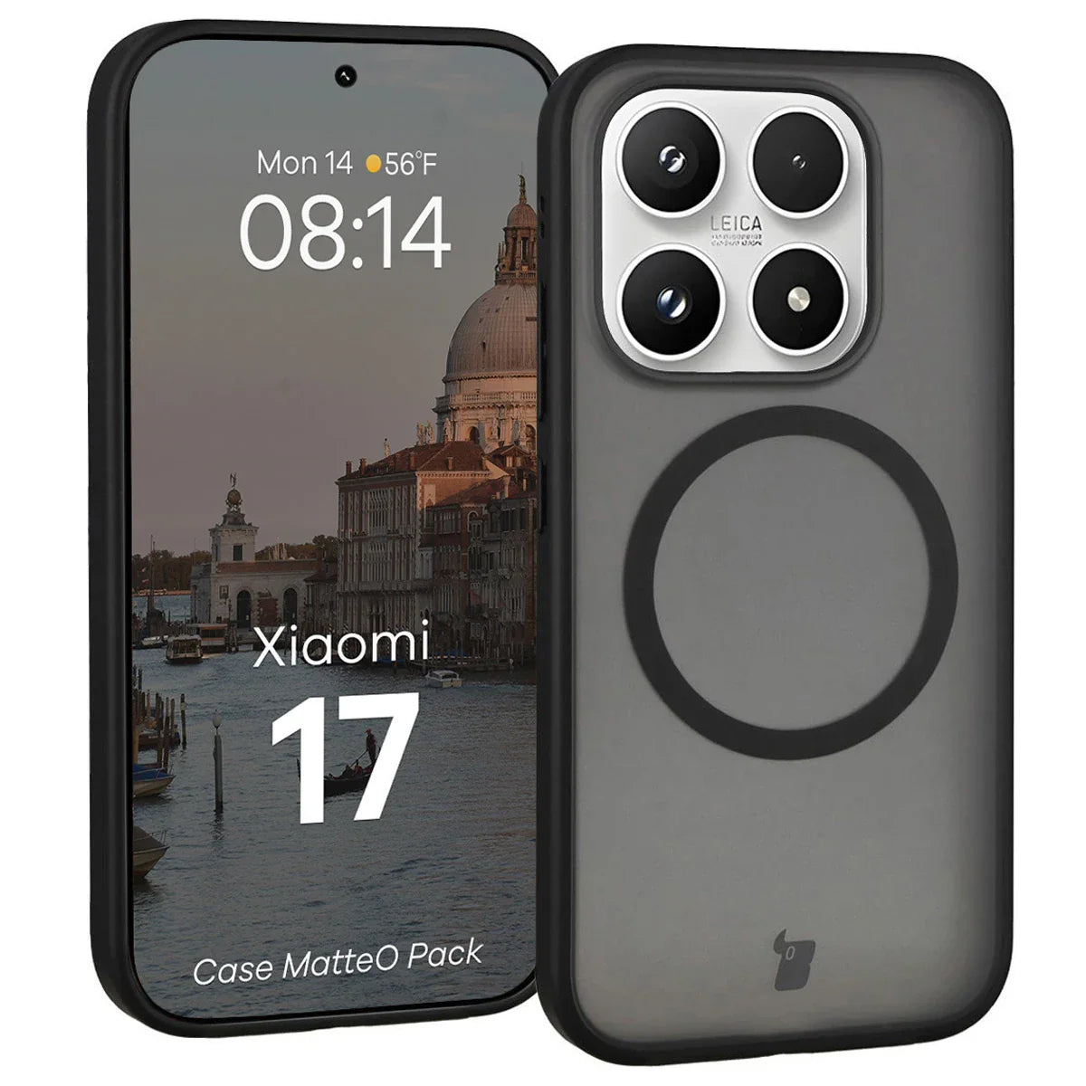 Schutzhülle mit Magnetring + gehärtetem Glas für Xiaomi 17, Bizon MatteO Pack, Getönt-Schwarz
