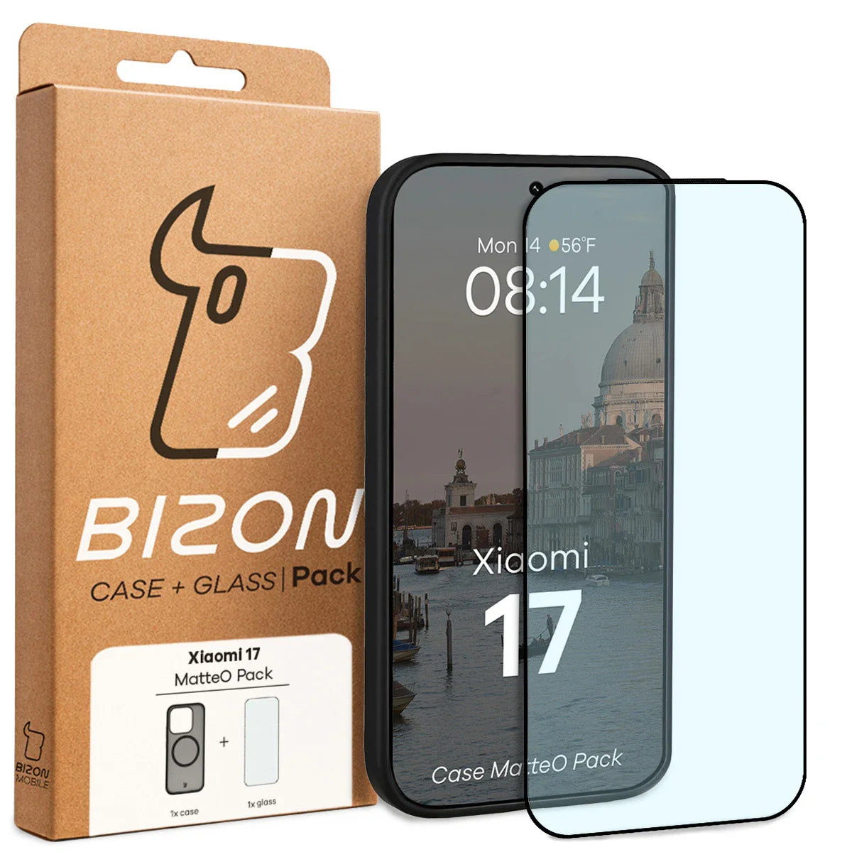 Schutzhülle mit Magnetring + gehärtetem Glas für Xiaomi 17, Bizon MatteO Pack, Getönt-Schwarz