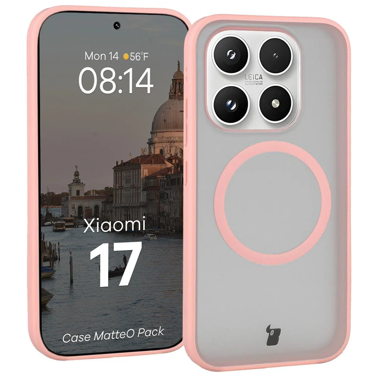 Schutzhülle mit Magnetring + gehärtetem Glas für Xiaomi 17, Bizon MatteO Pack, Getönt-Hellrosa