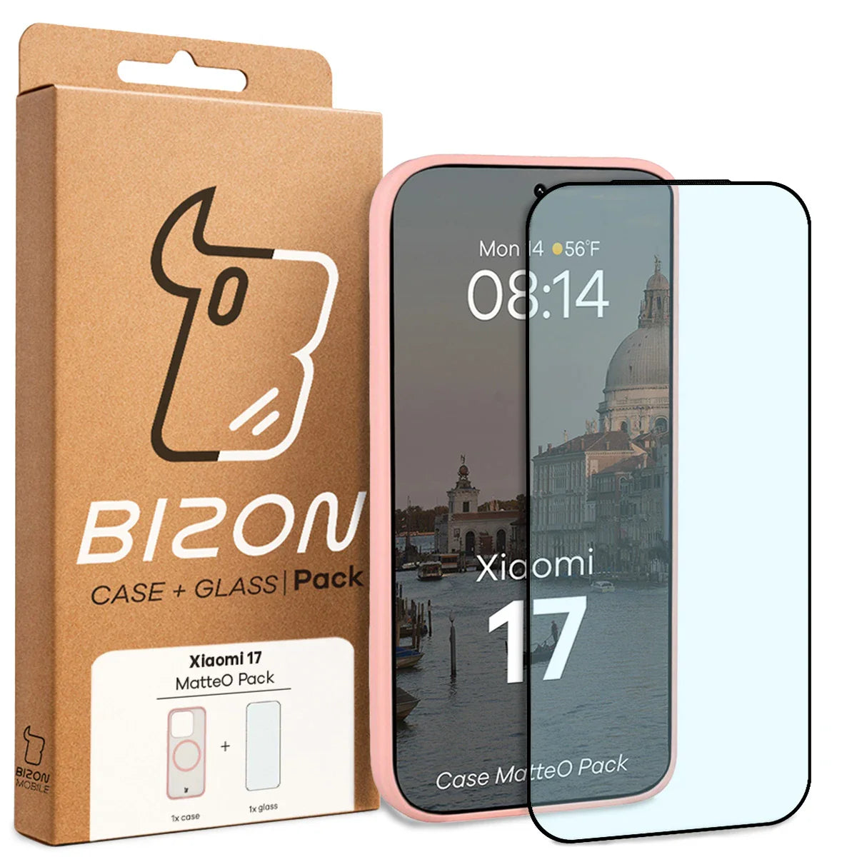 Schutzhülle mit Magnetring + gehärtetem Glas für Xiaomi 17, Bizon MatteO Pack, Getönt-Hellrosa