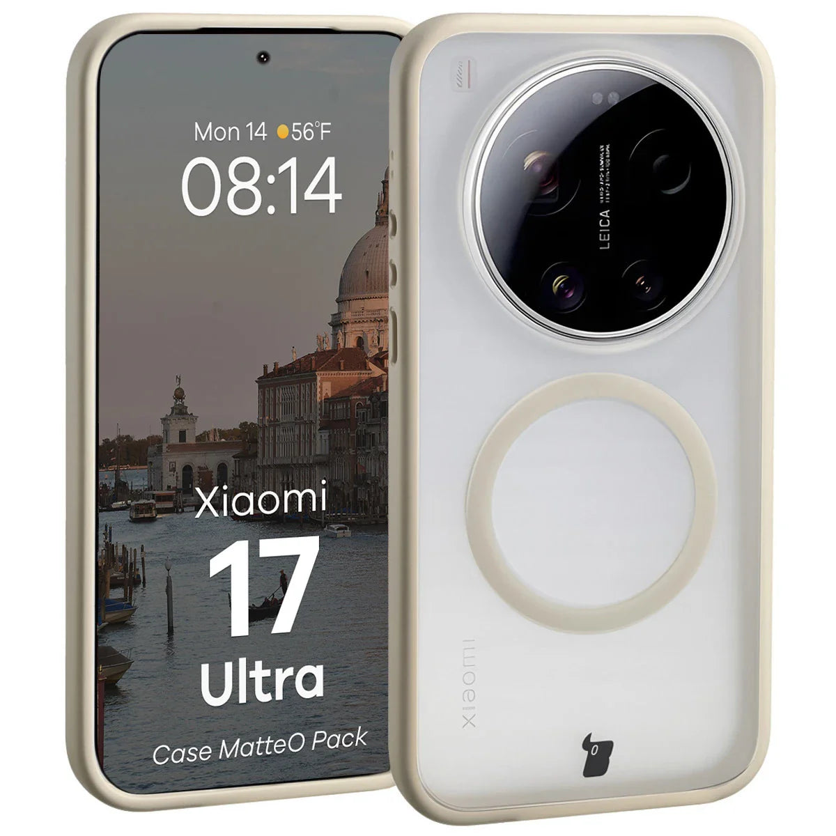 Schutzhülle mit Magnetring + gehärtetem Glas Bizon MatteO Pack für Xiaomi 17 Ultra, Getönt-Beige