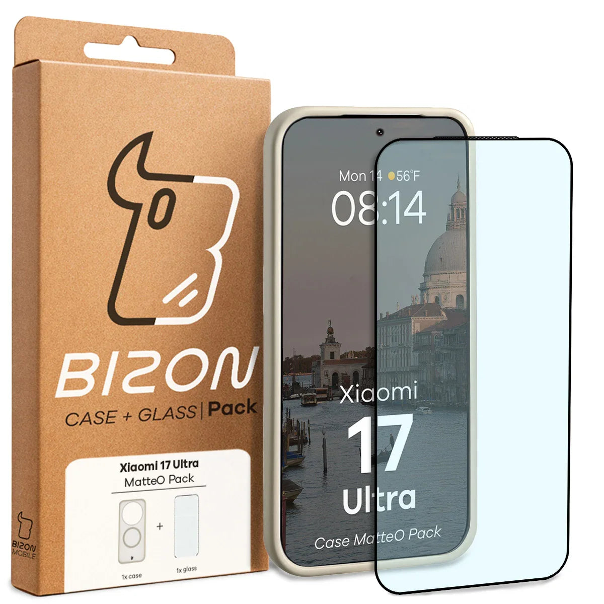 Schutzhülle mit Magnetring + gehärtetem Glas Bizon MatteO Pack für Xiaomi 17 Ultra, Getönt-Beige