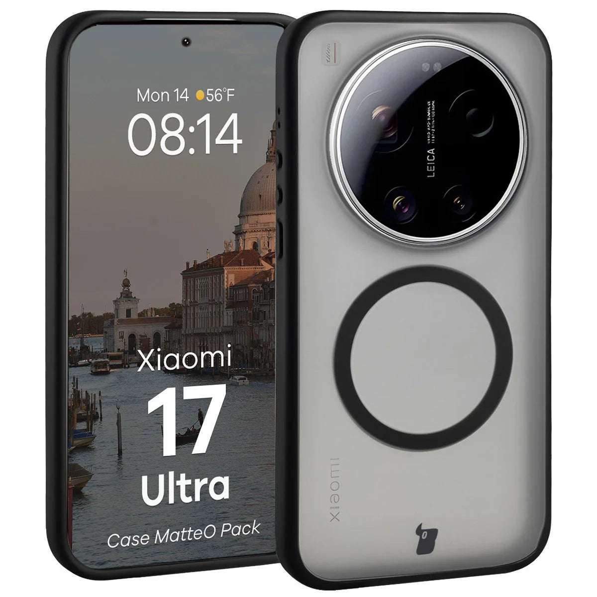 Schutzhülle mit Magnetring + gehärtetem Glas für Xiaomi 17 Ultra, Bizon MatteO Pack, Getönt-Schwarz