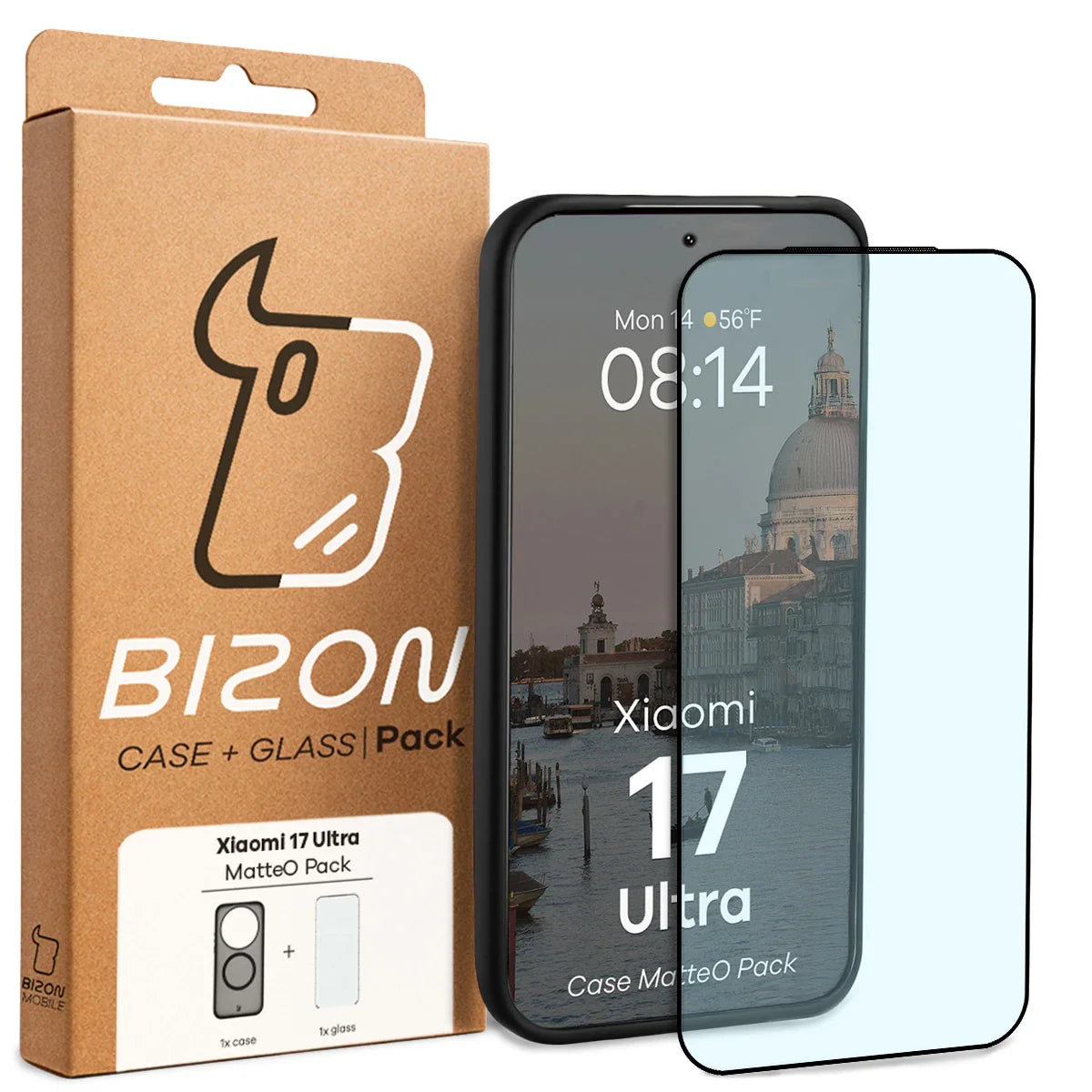 Schutzhülle mit Magnetring + gehärtetem Glas für Xiaomi 17 Ultra, Bizon MatteO Pack, Getönt-Schwarz