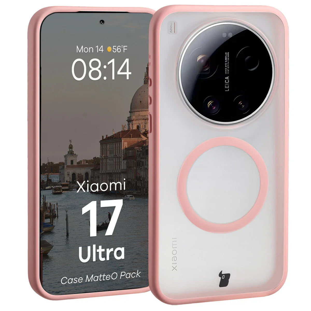 Schutzhülle mit Magnetring + gehärtetem Glas für Xiaomi 17 Ultra, Bizon MatteO Pack, Getönt-Hellrosa