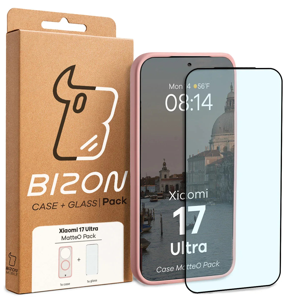 Schutzhülle mit Magnetring + gehärtetem Glas für Xiaomi 17 Ultra, Bizon MatteO Pack, Getönt-Hellrosa