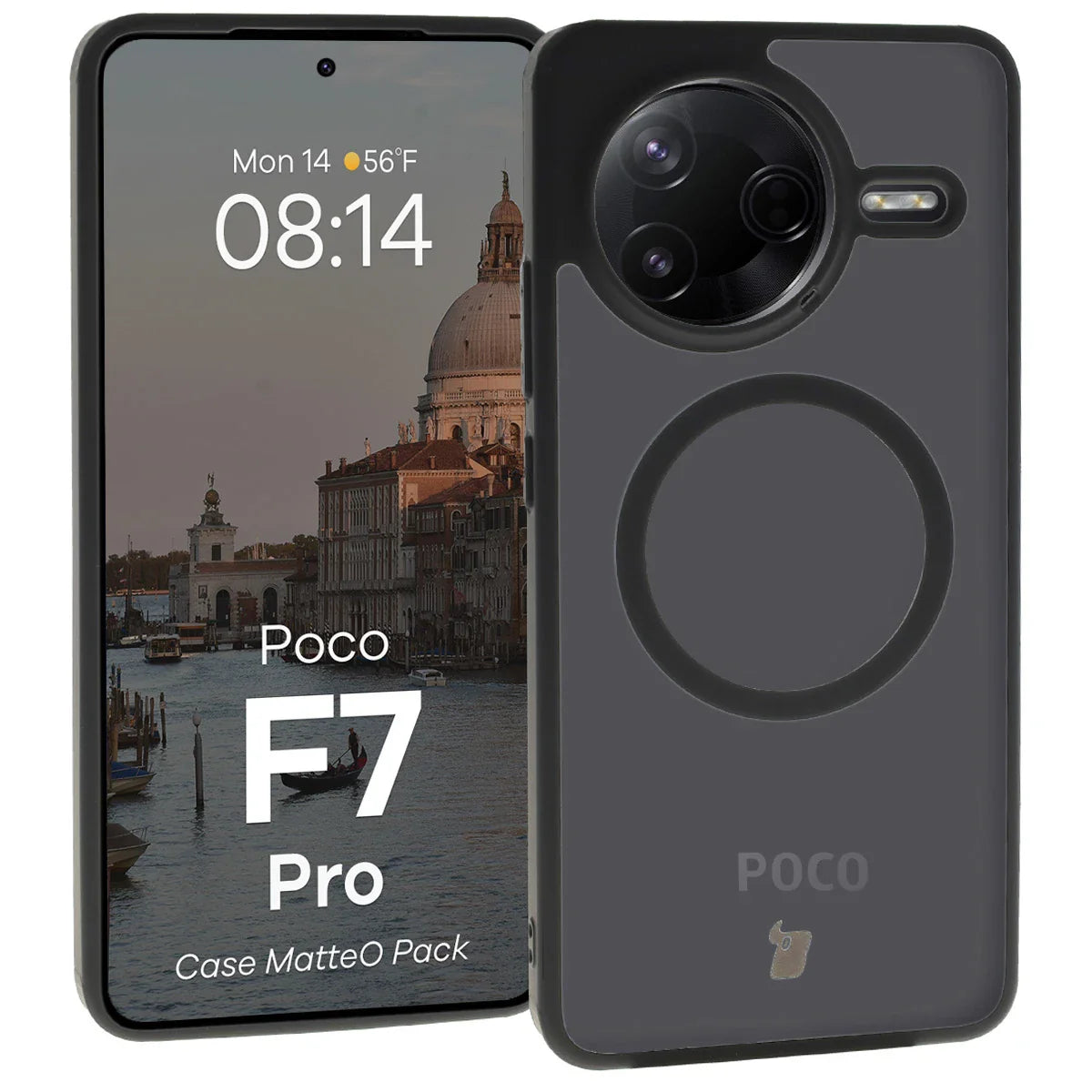 Schutzhülle mit Magnetring + gehärtetem Glas für Xiaomi POCO F7 Pro, Bizon MatteO Pack, Getönt-Schwarz