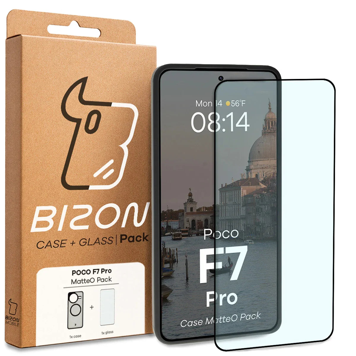 Schutzhülle mit Magnetring + gehärtetem Glas für Xiaomi POCO F7 Pro, Bizon MatteO Pack, Getönt-Schwarz