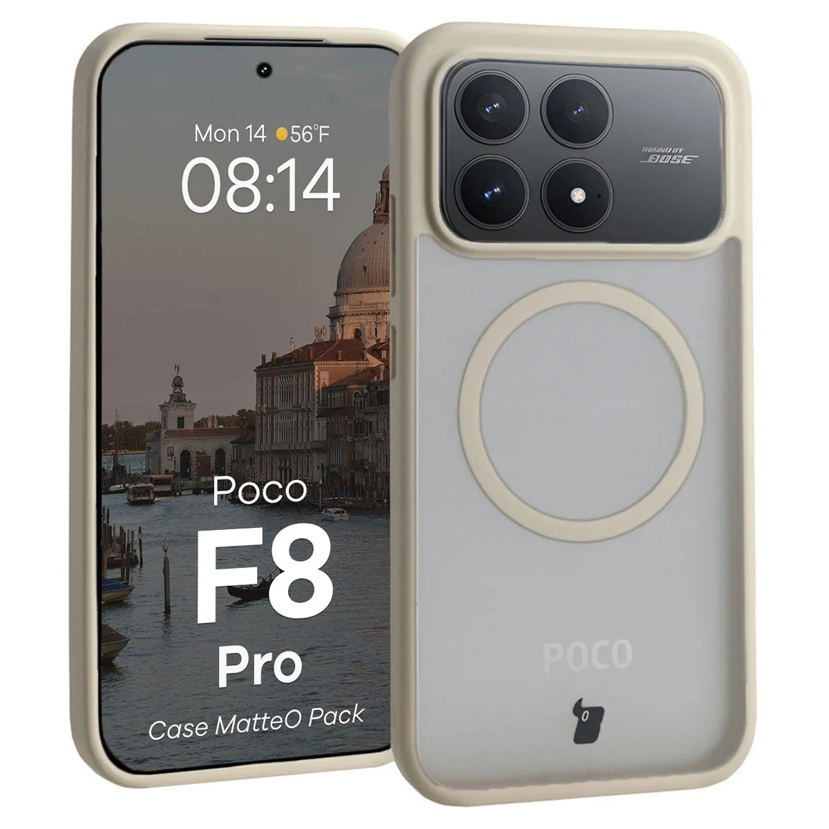 Schutzhülle mit Magnetring + gehärtetem Glas für Xiaomi POCO F8 Pro, Bizon MatteO Pack, Getönt-Beige
