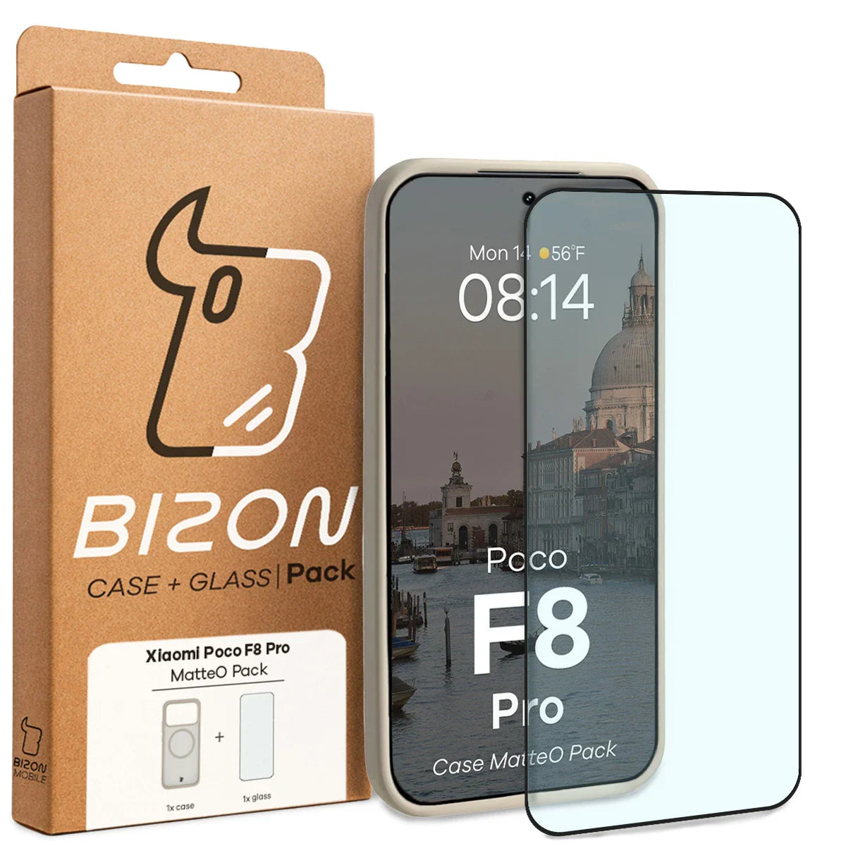 Schutzhülle mit Magnetring + gehärtetem Glas für Xiaomi POCO F8 Pro, Bizon MatteO Pack, Getönt-Beige