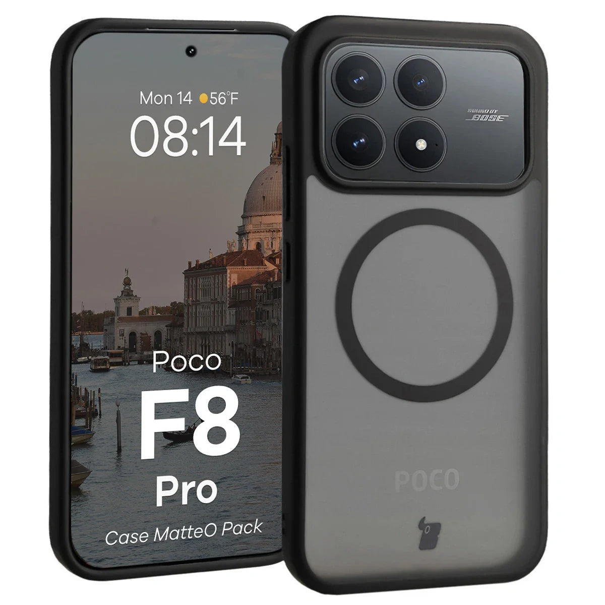 Schutzhülle mit Magnetring + gehärtetem Glas für Xiaomi POCO F8 Pro, Bizon MatteO Pack, Getönt-Schwarz