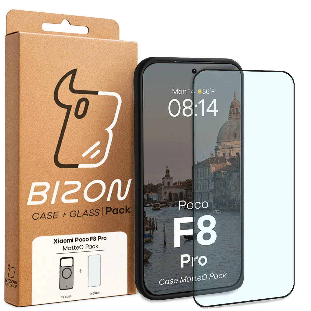 Schutzhülle mit Magnetring + gehärtetem Glas für Xiaomi POCO F8 Pro, Bizon MatteO Pack, Getönt-Schwarz