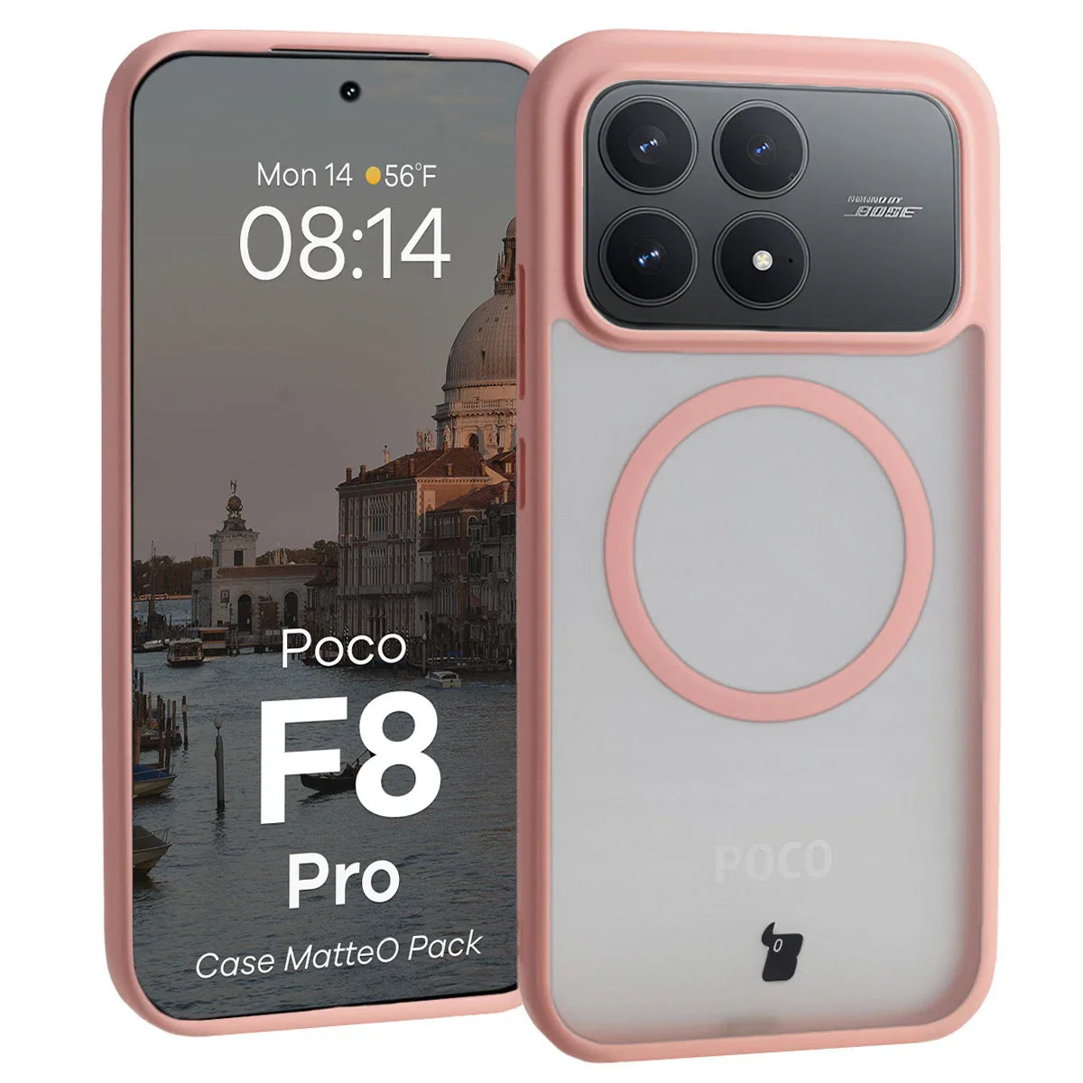 Schutzhülle mit Magnetring + gehärtetem Glas für Xiaomi POCO F8 Pro, Bizon MatteO Pack, Getönt-Hellrosa