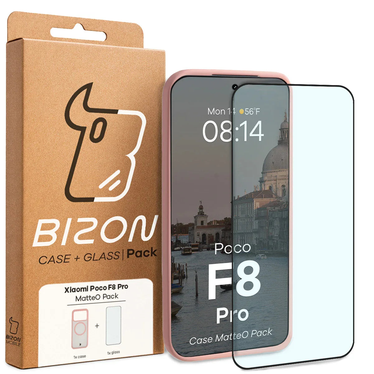 Schutzhülle mit Magnetring + gehärtetem Glas für Xiaomi POCO F8 Pro, Bizon MatteO Pack, Getönt-Hellrosa