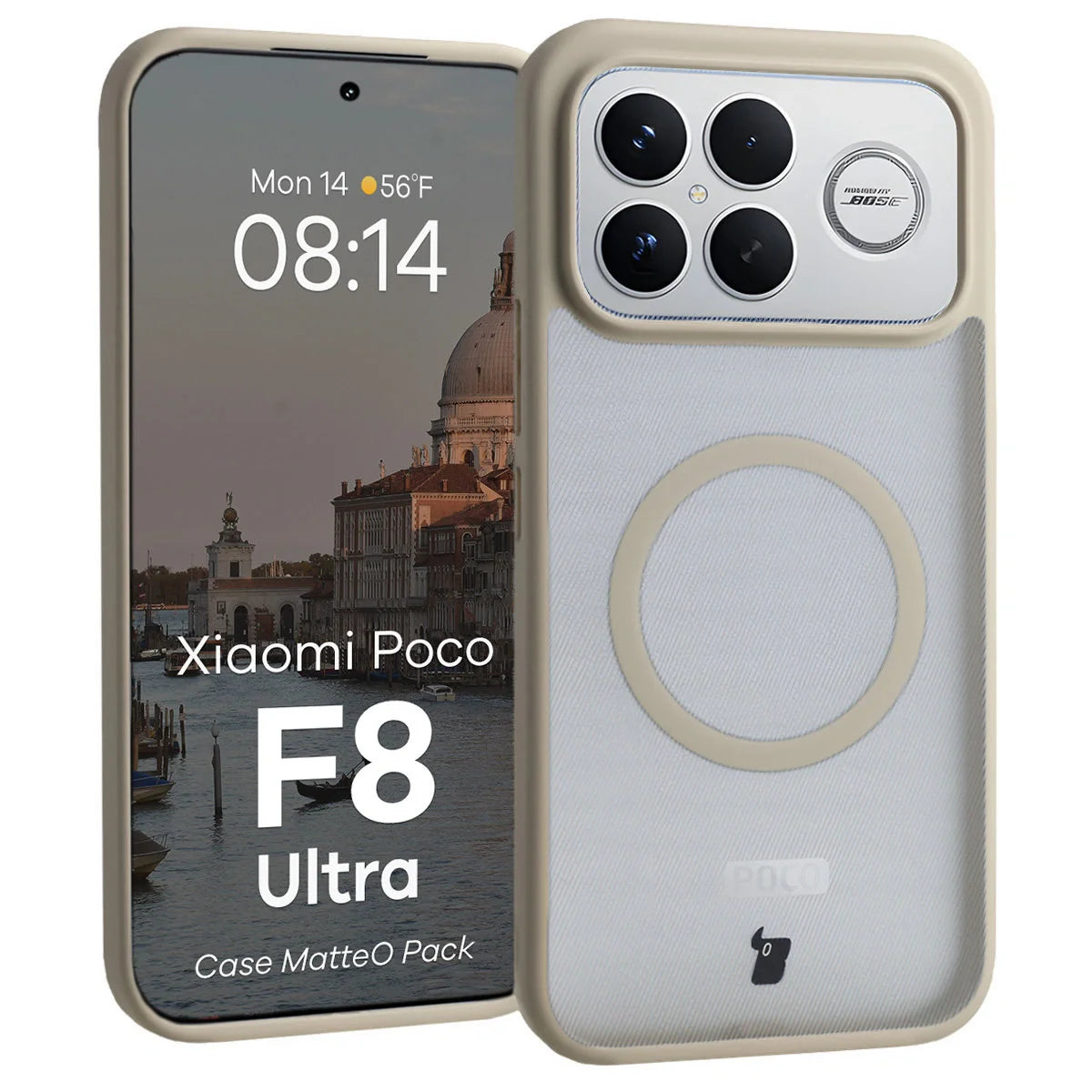 Schutzhülle mit Magnetring + gehärtetem Glas für Xiaomi POCO F8 Ultra, Bizon MatteO Pack, Getönt-Beige