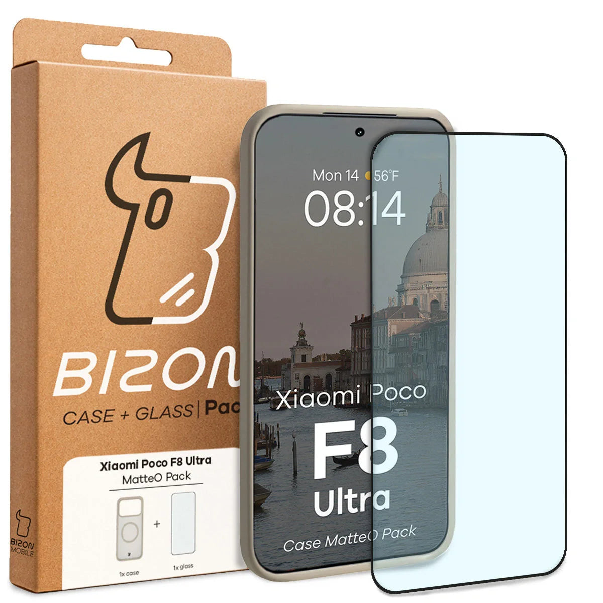 Schutzhülle mit Magnetring + gehärtetem Glas für Xiaomi POCO F8 Ultra, Bizon MatteO Pack, Getönt-Beige