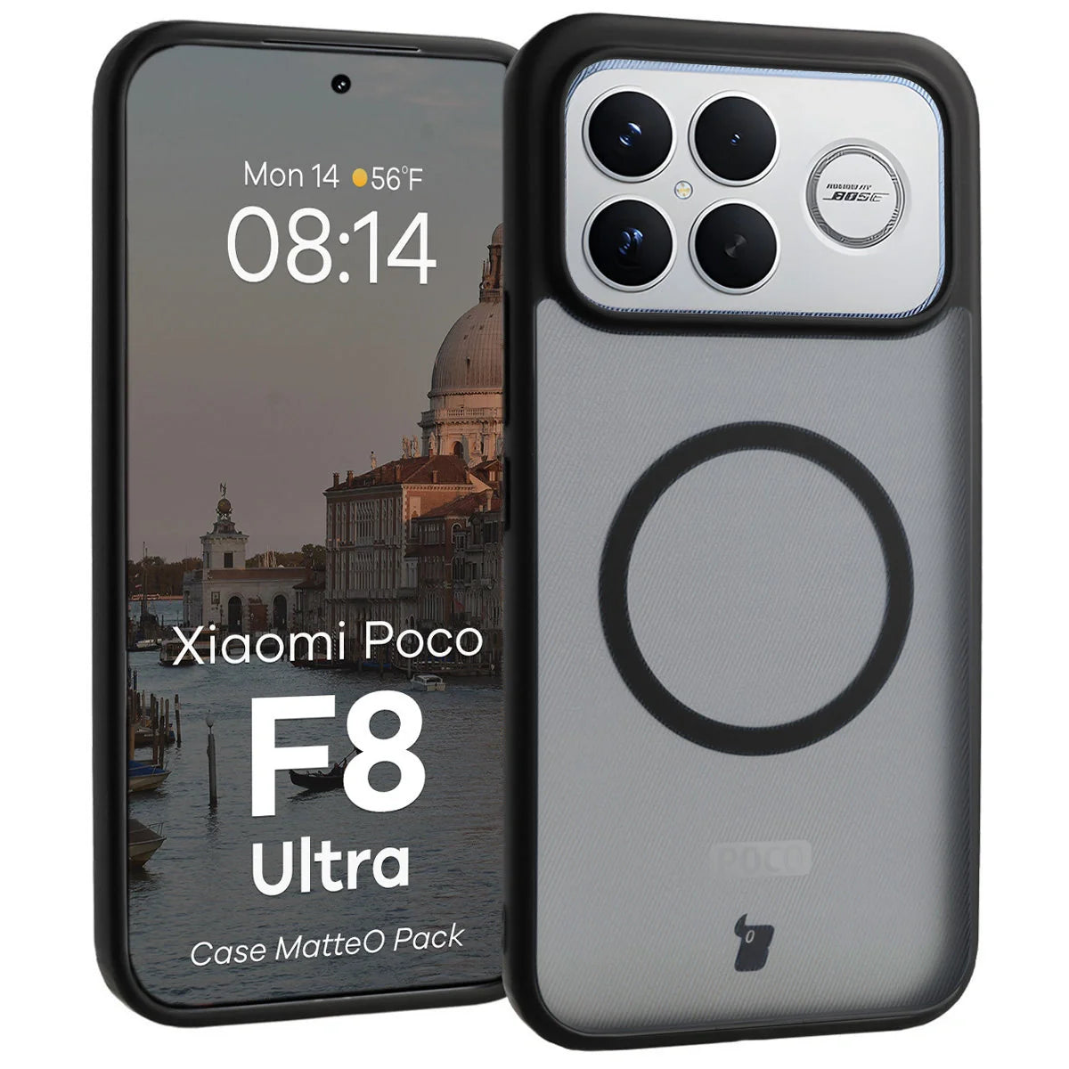 Schutzhülle mit Magnetring + gehärtetem Glas für Xiaomi POCO F8 Ultra, Bizon MatteO Pack, Getönt-Schwarz
