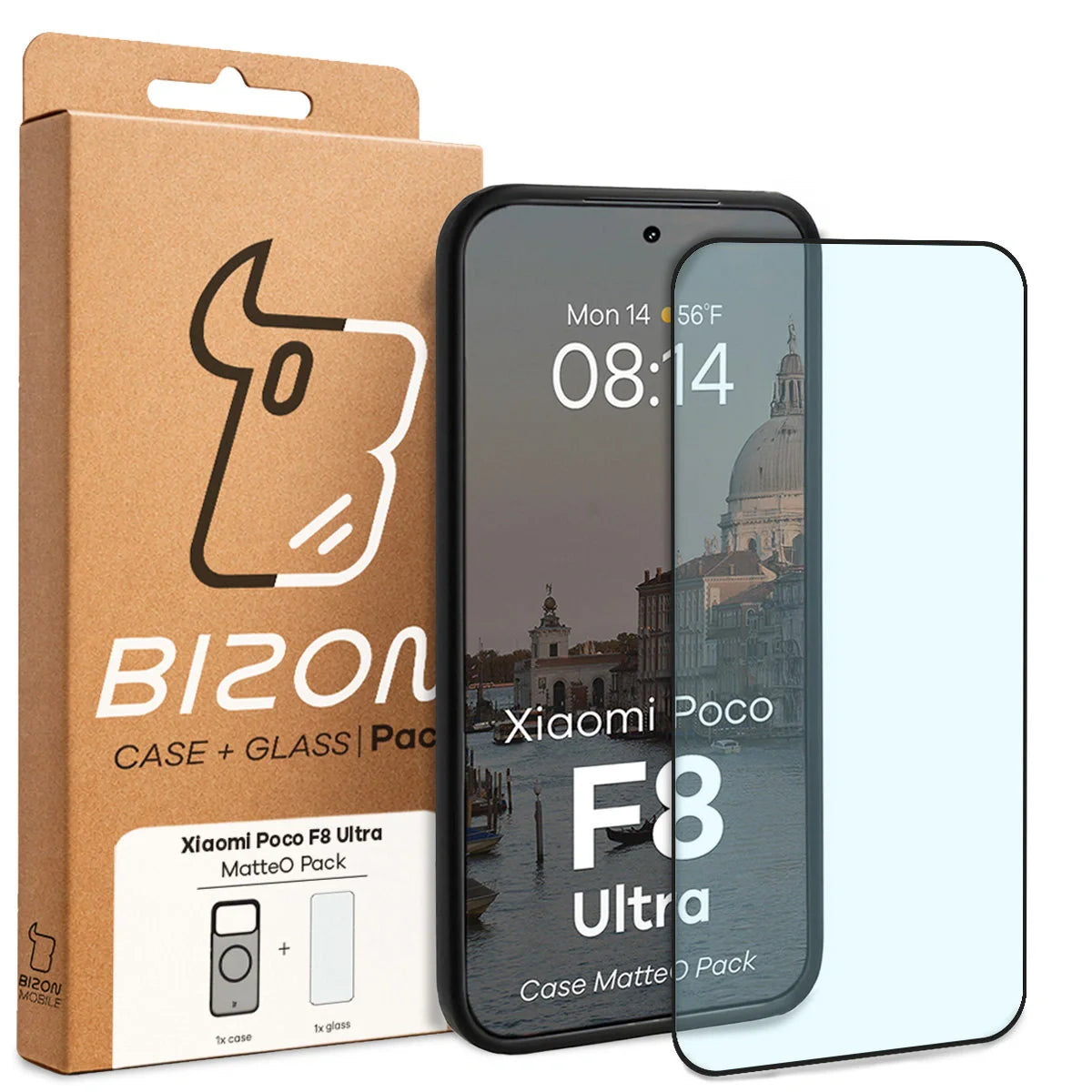 Schutzhülle mit Magnetring + gehärtetem Glas für Xiaomi POCO F8 Ultra, Bizon MatteO Pack, Getönt-Schwarz