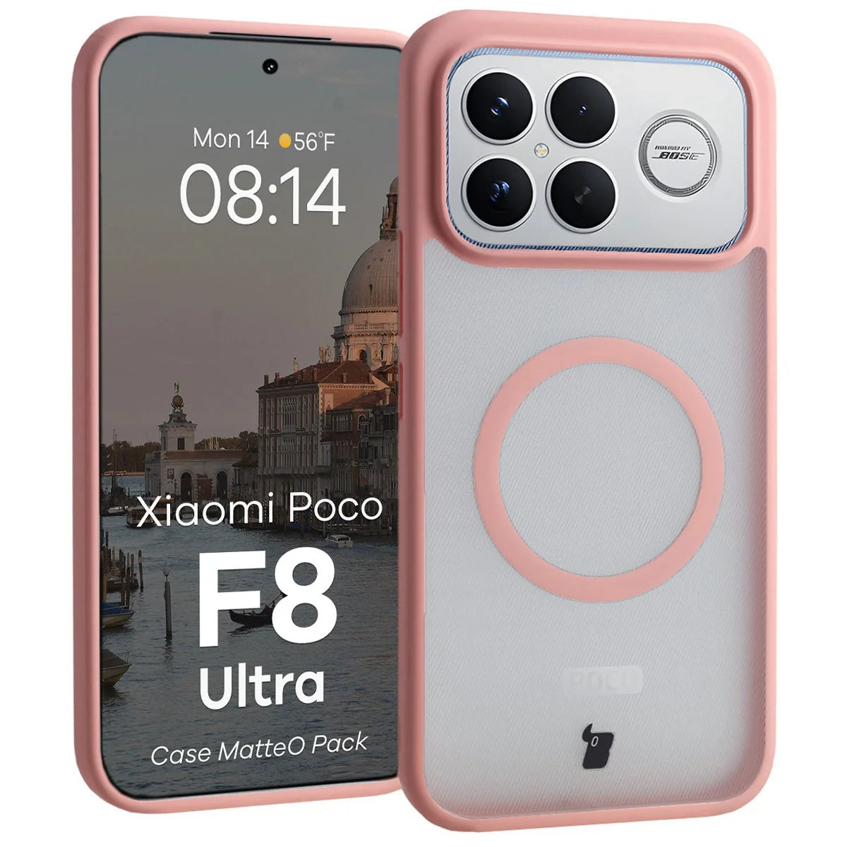 Schutzhülle mit Magnetring + gehärtetem Glas für Xiaomi POCO F8 Ultra, Bizon MatteO Pack, Getönt-Hellrosa