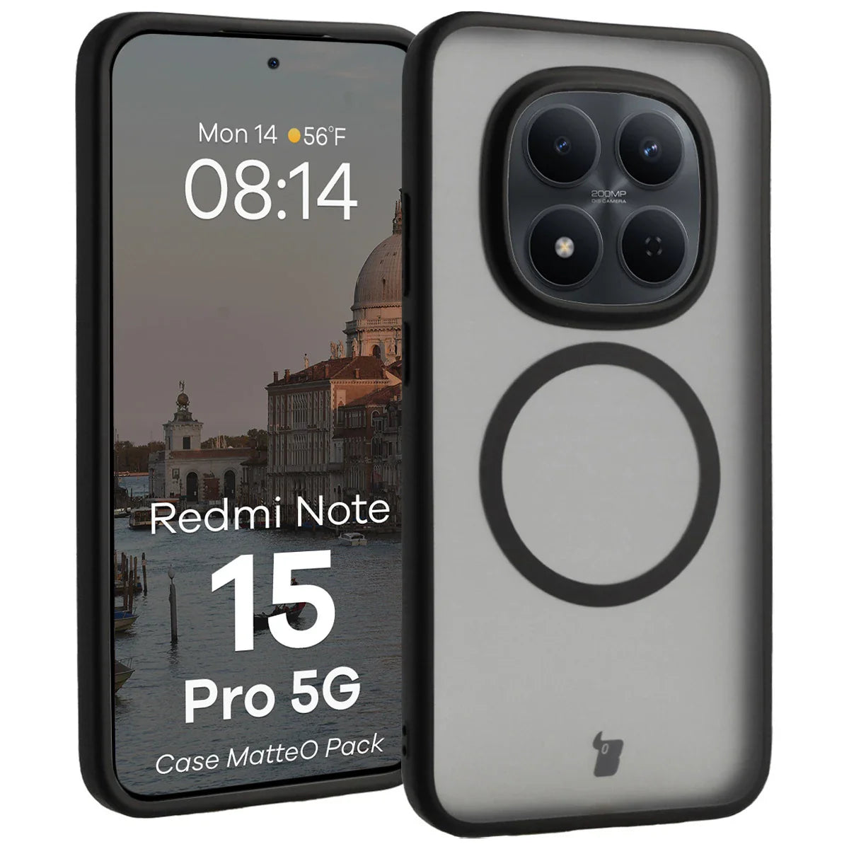 Schutzhülle mit Magnetring + gehärtetem Glas für Xiaomi Redmi Note 15 Pro 5G, Bizon MatteO Pack, Getönt-Schwarz