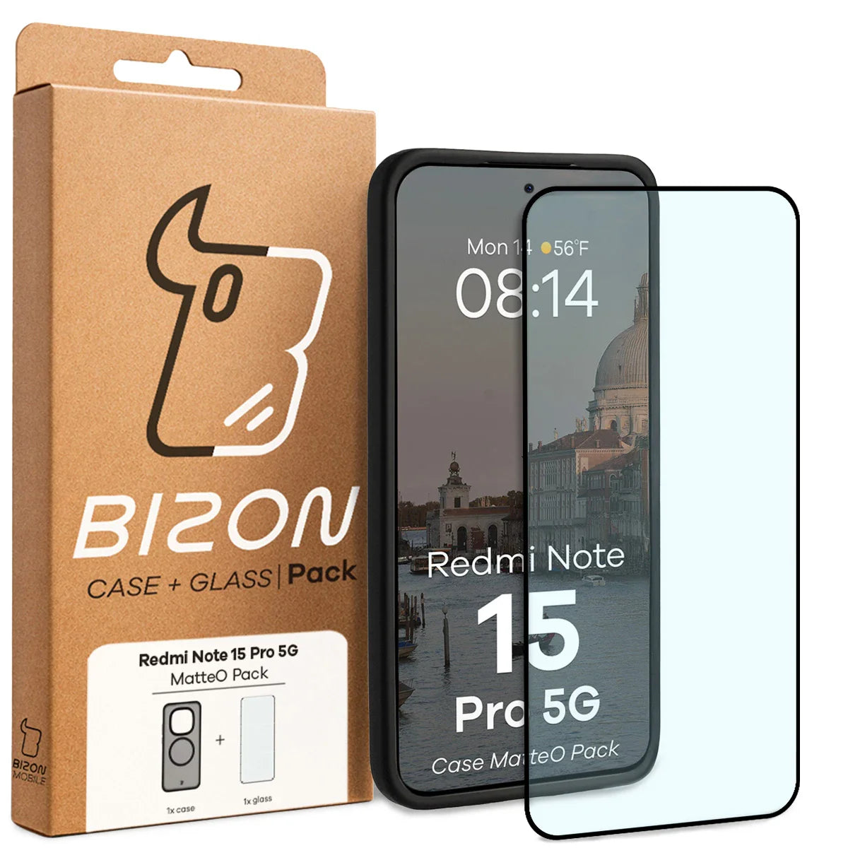 Schutzhülle mit Magnetring + gehärtetem Glas für Xiaomi Redmi Note 15 Pro 5G, Bizon MatteO Pack, Getönt-Schwarz