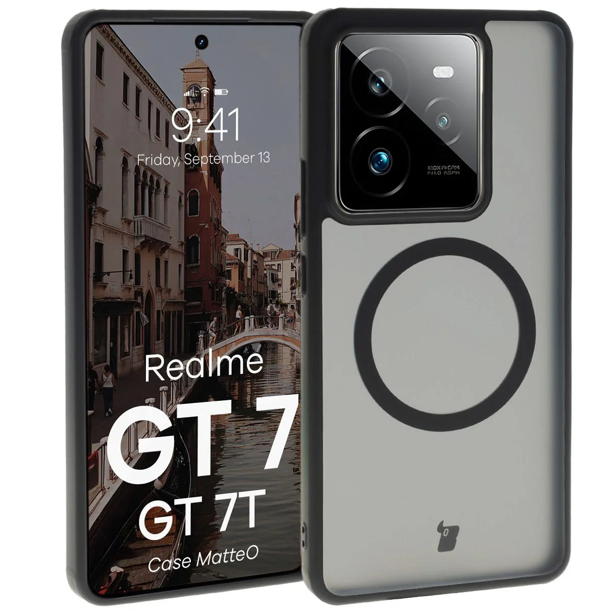 Handyhülle mit Magnetring für Realme GT 7 / 7T, Bizon Case MatteO, Getönt-Schwarz