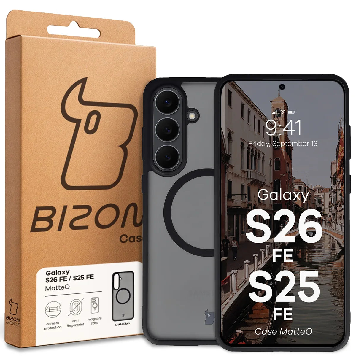 Schutzhülle mit Magnetring + gehärtetem Glas für Galaxy S26 FE / S25 FE, Bizon MatteO Pack, Getönt-Schwarz (7/7)