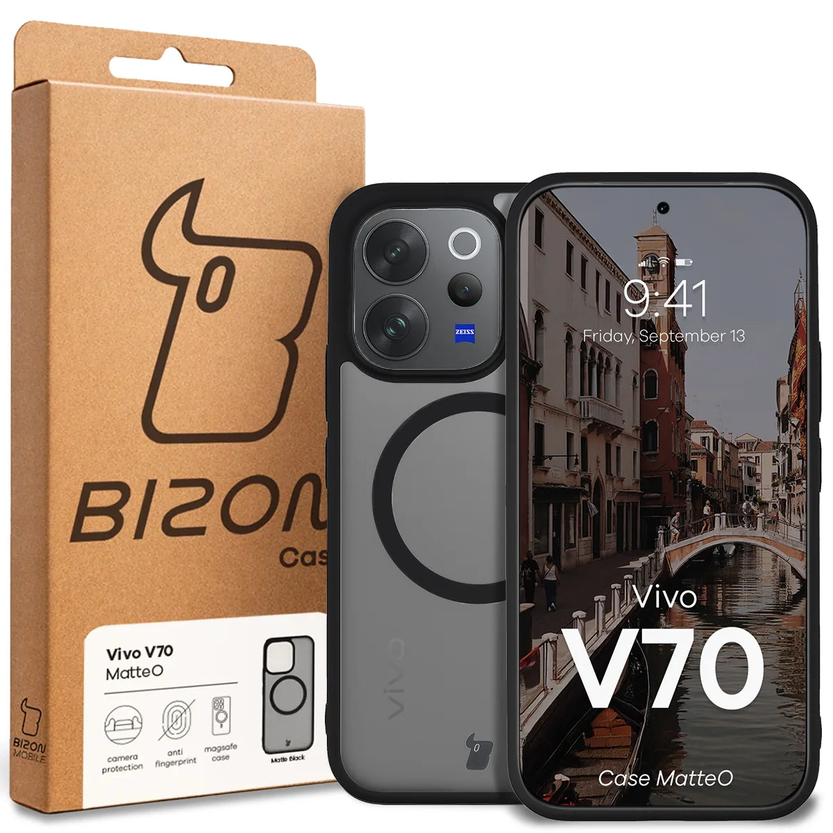 Handyhülle mit Magnetring für Vivo V70 5G, Bizon Case MatteO, Getönt-Schwarz