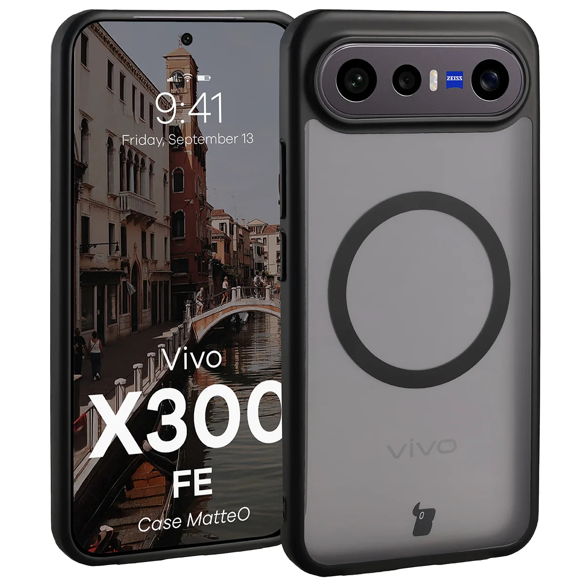 Handyhülle mit Magnetring für Vivo X300 FE, Bizon Case MatteO, Getönt-Schwarz