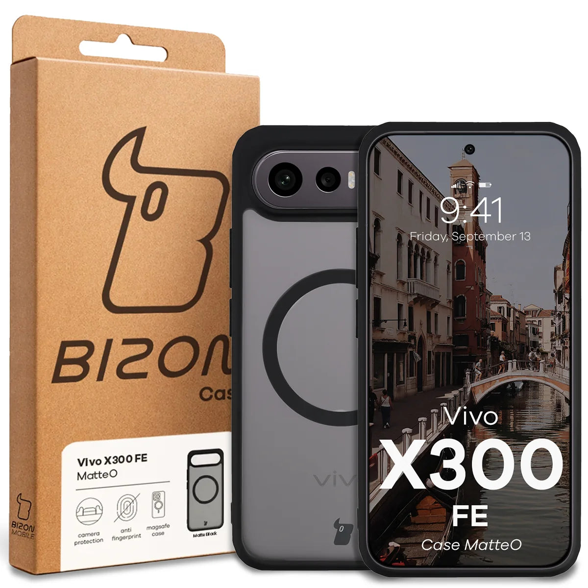 Handyhülle mit Magnetring für Vivo X300 FE, Bizon Case MatteO, Getönt-Schwarz
