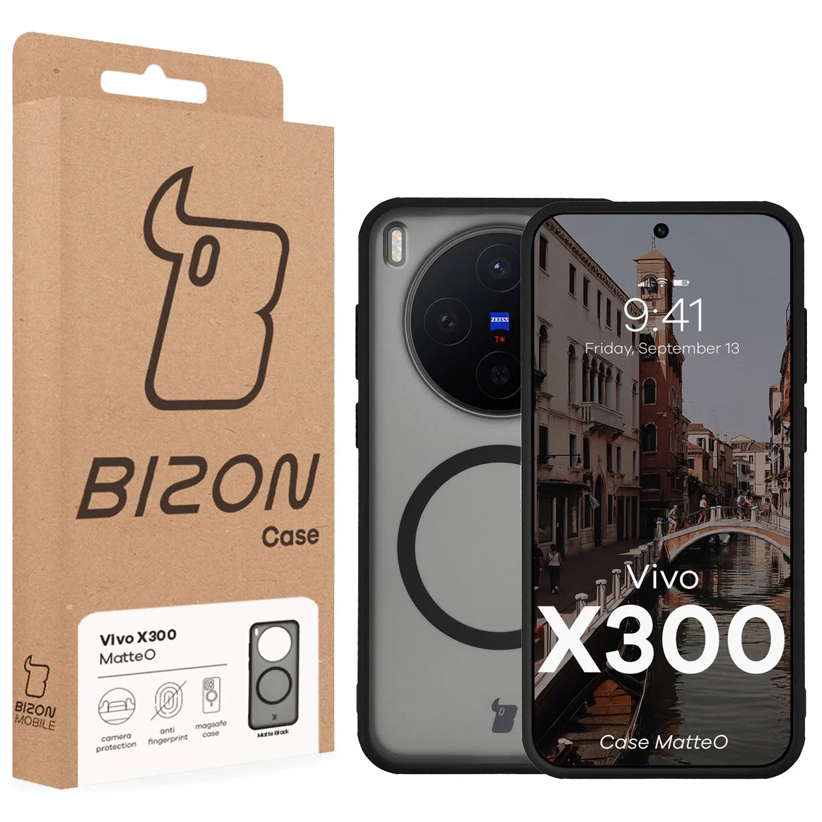 Handyhülle mit Magnetring für Vivo X300, Bizon Case MatteO, Getönt-Schwarz