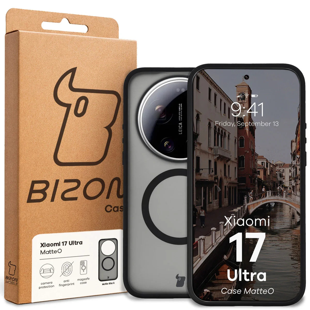 Handyhülle mit Magnetring für Xiaomi 17 Ultra, Bizon Case MatteO, Getönt-Schwarz